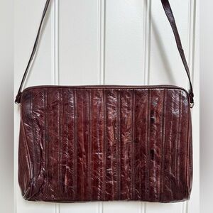 Vintage Brown Eel Skin Shoulder Purse. 10” by 7.5” by 0.5” with strap drop 15”.